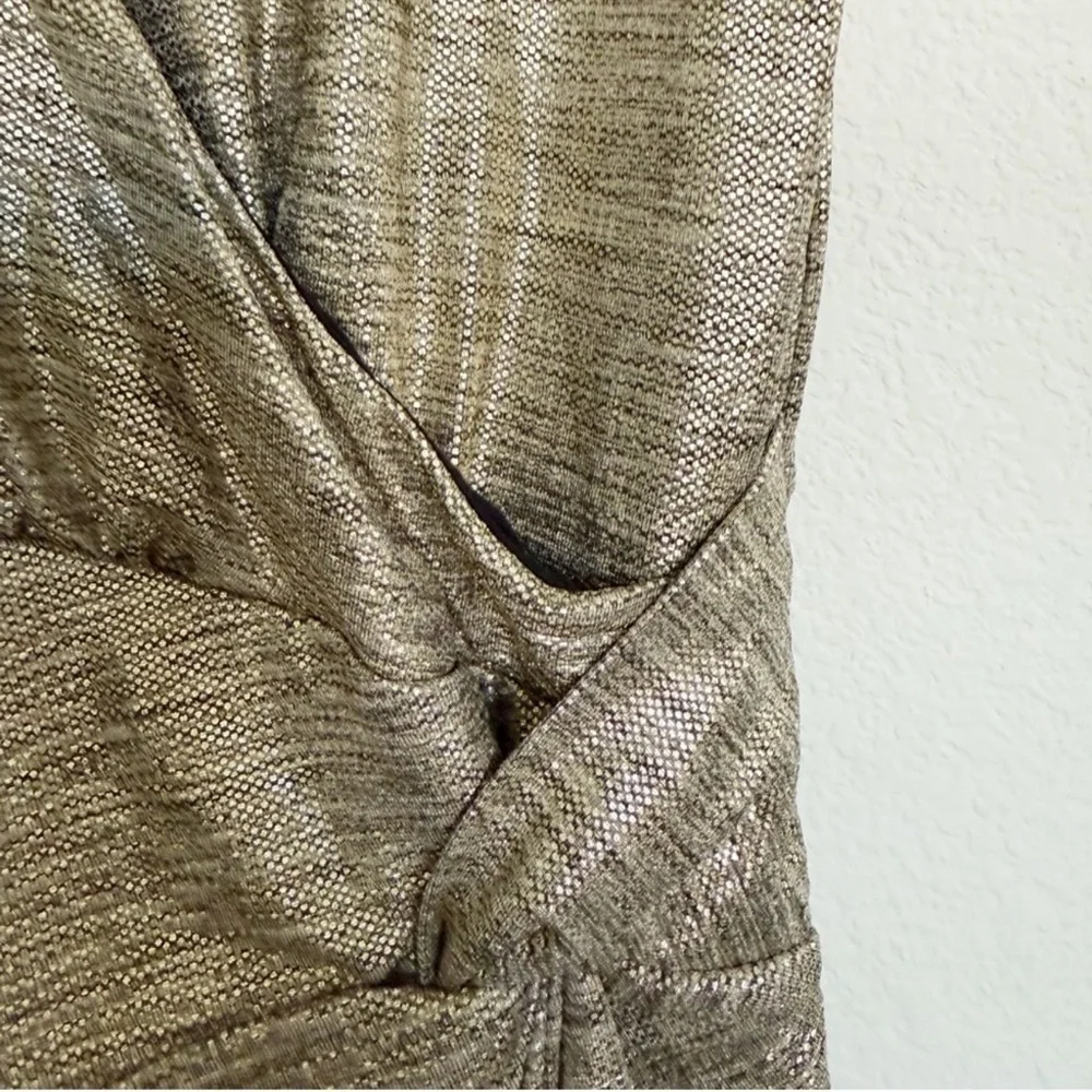 Anthropologie Gold Metallic Faux Wrap Side Ruched Dress - Picture 8 of 8
